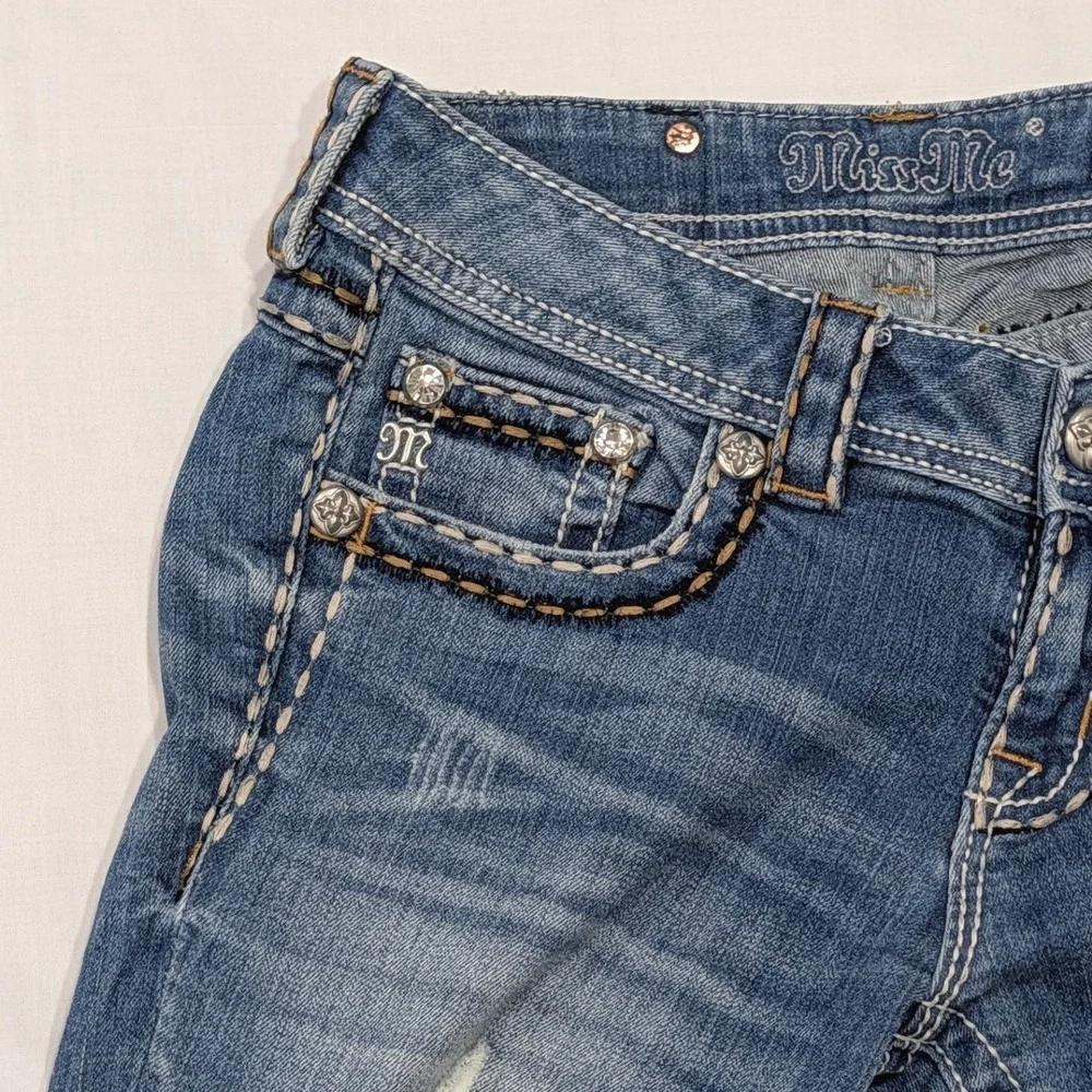 Miss Me Cuffed Skinny Distressed Rhinestone Jeans JS5014CK87 Blue Size 27